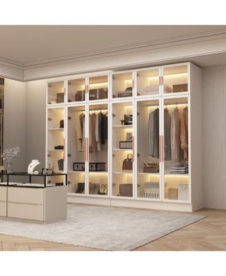 47 Inch W Glass Doors Armoires Metal Frame Wardwore with LED Lights, Hanging Rod (74.8 in. H x 19.2 in. D