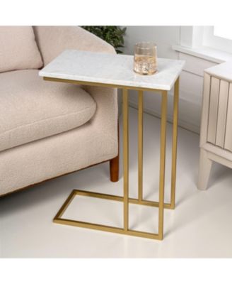 Caius 24.25" Designer Industrial Metal C-Shaped End Table and Side Couch Table with White Marble Top