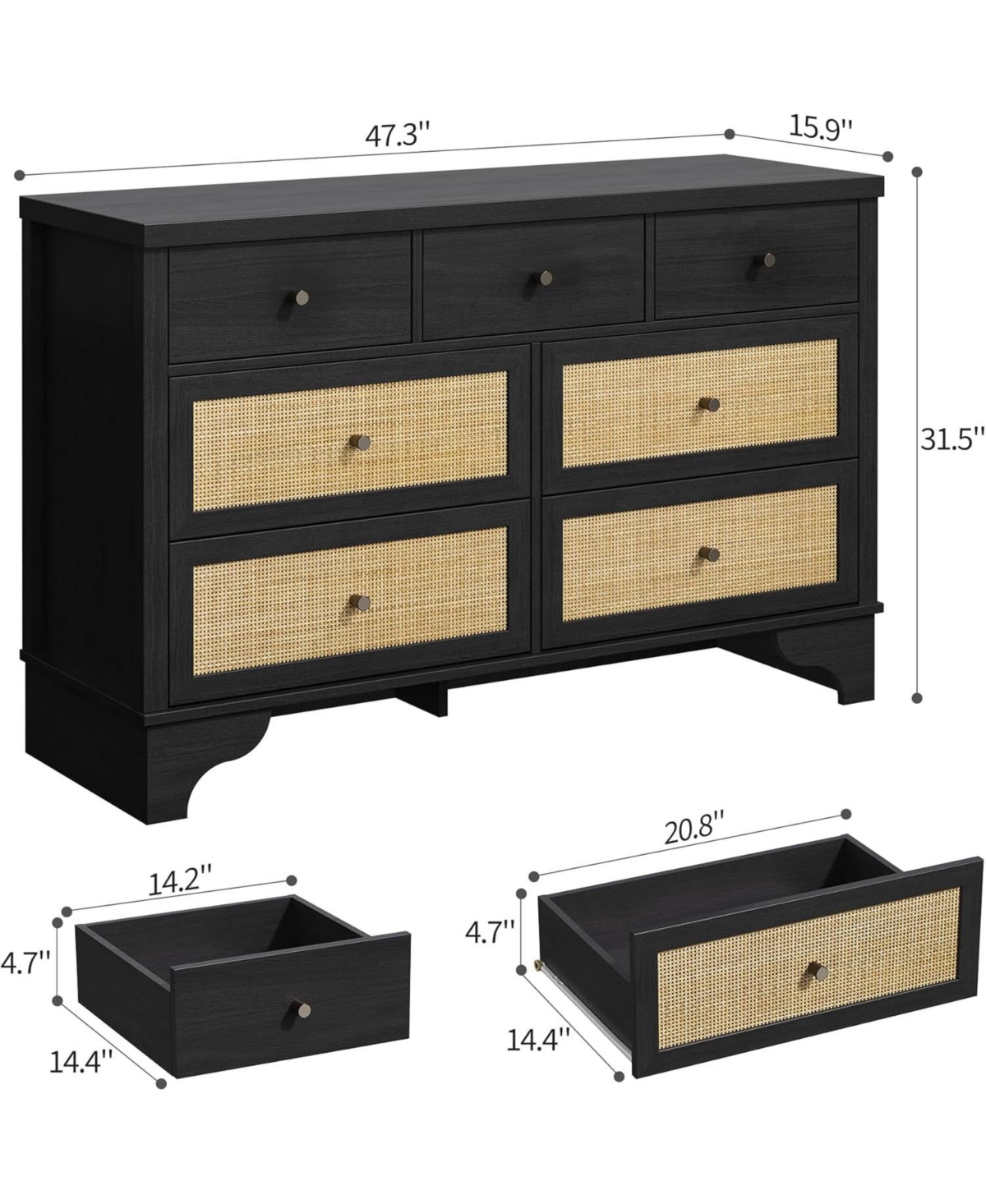 Gaomon Dresser for Bedroom with 7 Drawers, Wide Chest of Drawers with Rattan Fronts and Sturdy Base for Entryway or Hallway