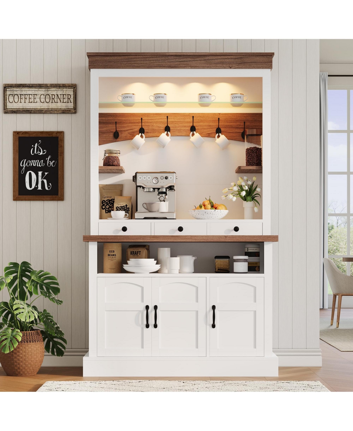Gaomon Coffee Bar Cabinet with Led Light, 72" Tall Farmhouse Coffee Bar Hutch with Storage, Sideboard Buffet Cabinet