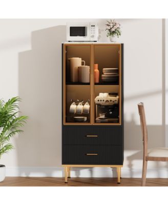 Fluted Storage Cabinet with Glass Door and 2 Drawers, Modern Display Storage Cabinet