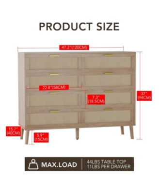 Rattan 8-Drawer Double Dresser, Modern Wood Storage Chest with Gold Handles for Bedroom, Living Room, Closet, or Entryway