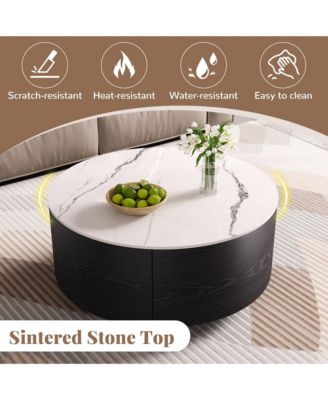Modern Round Movable Coffee Table with Casters, 2 Drawers, Marble Pattern Sintered Stone Top