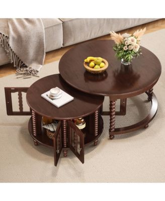 31.3" Vintage Walnut Coffee Table with Bamboo-Shaped Glass Doors, Nesting Design