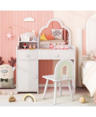 Kids Vanity Table and Chair Set with Cloud-shaped Mirror Open Shelf Storage Drawers