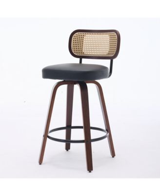 Set of 3 Rattan Counter Stools with Upholstered Seat and Cane Back
