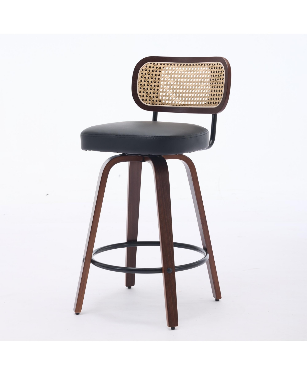 Set of 3 Mid-Century Modern Swivel Bar Stool with Cane Back, Walnut Wood Frame and 360° Swivel Seat