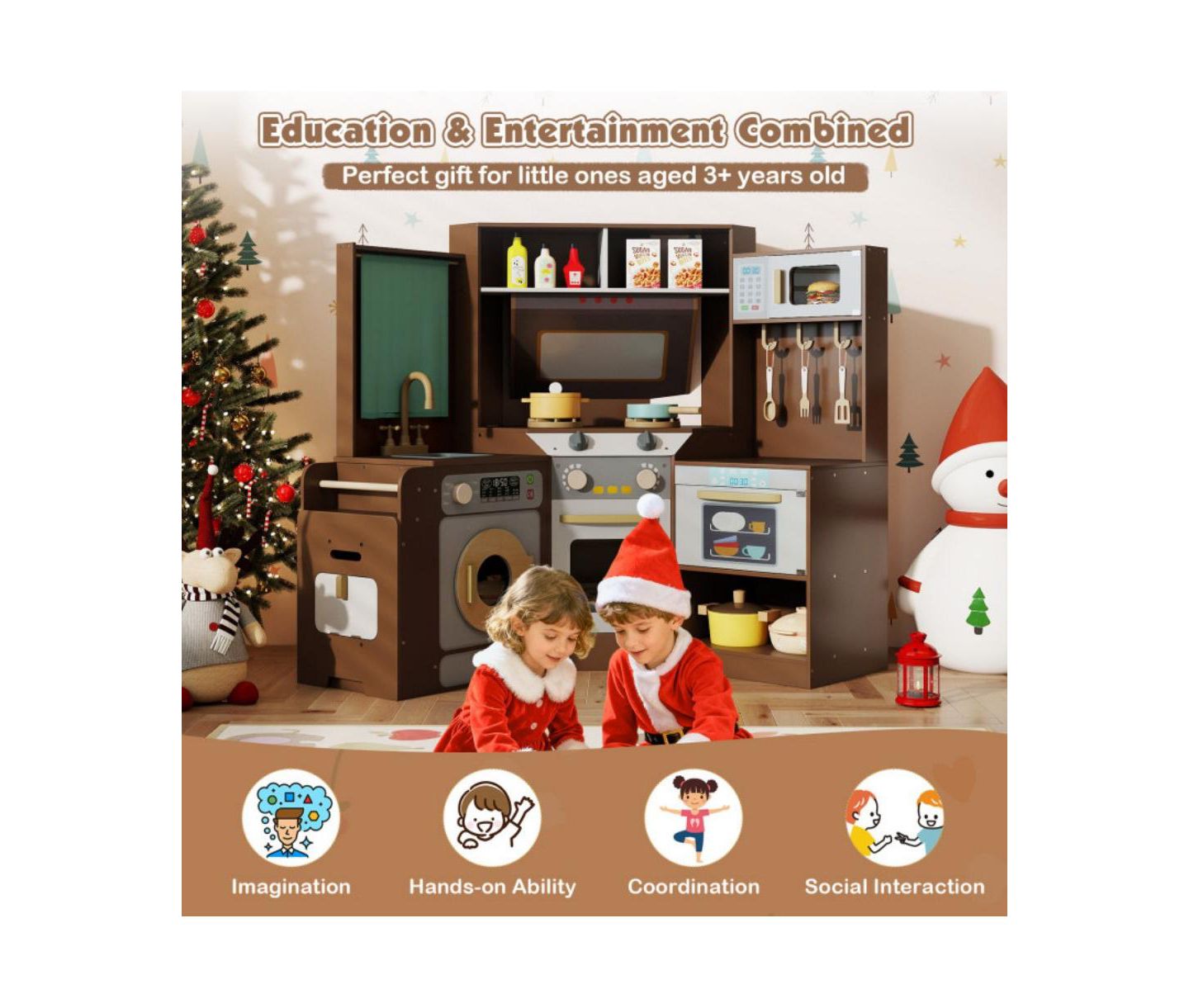 Детская игрушка HONGGE Corner Kids Play Kitchen with Lights and Sounds, Ages 3+, цвет: Коричневый — фото 8