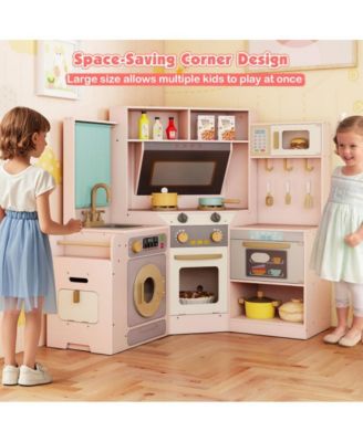 Corner Kids Play Kitchen with Lights Sounds and Pull Out Trash Bin.