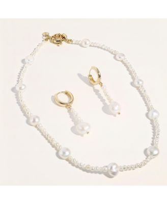 2-Pc. Set Handcrafted Freshwater Pearl Necklace and Earrings Gift Set in Gold-Plated Finish