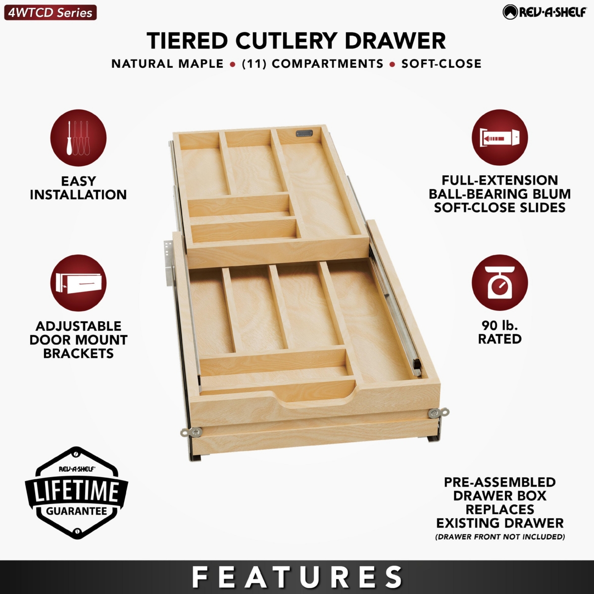 Rev-a-Shelf 15'' Tiered Cutlery Drawer Organizer with Soft-Close, 4WTCD-18HSC-1
