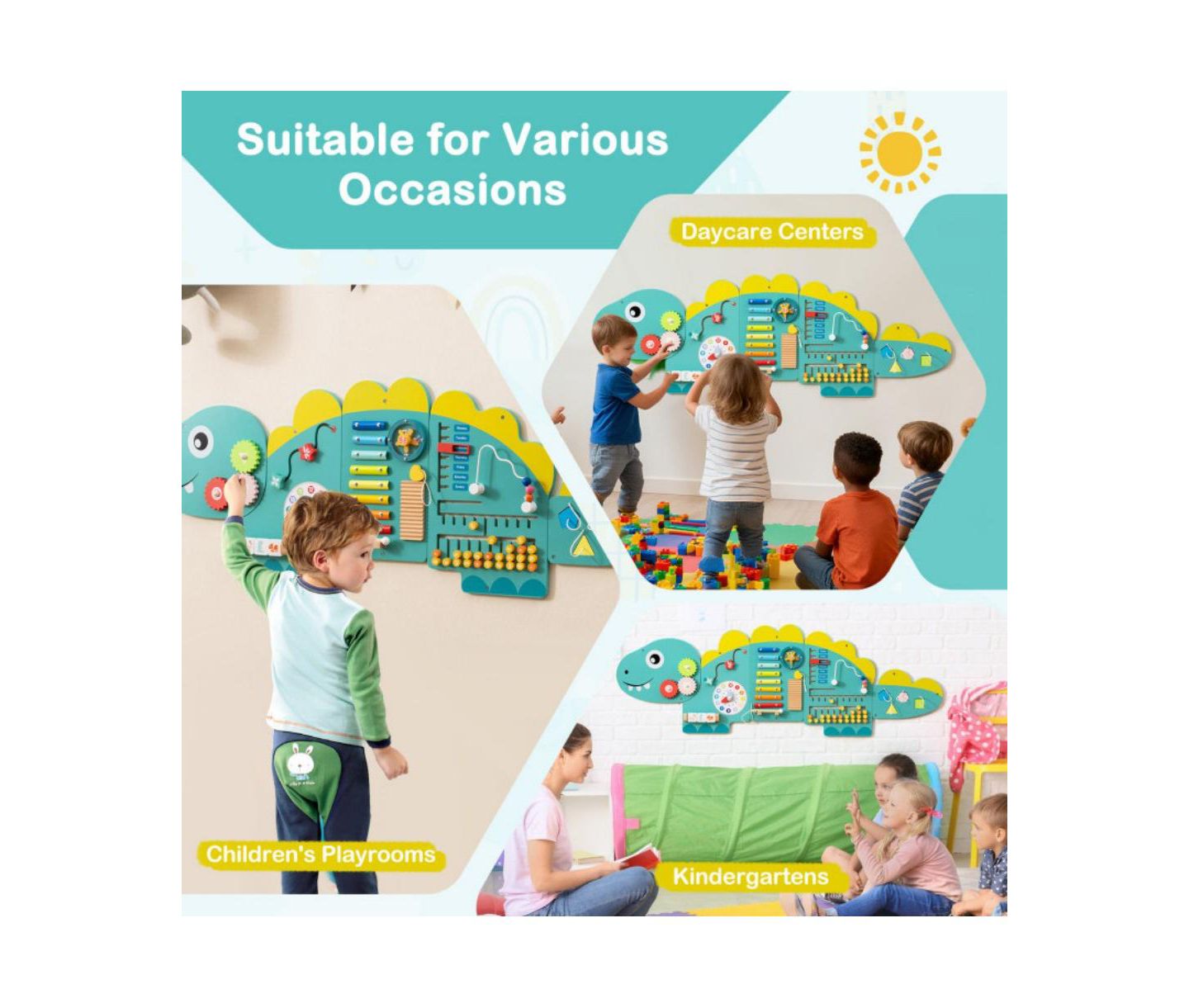 Детская игрушка HONGGE Dinosaur 11-in-1 Montessori-Inspired Wall Activity Board, Ages 3+, цвет: Зелёный — фото 8