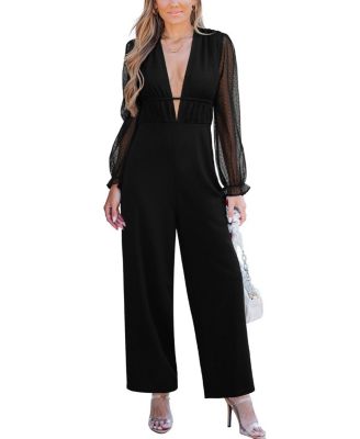 Women's Sheer Sleeve Deep V-Neck Wide-Leg Jumpsuit