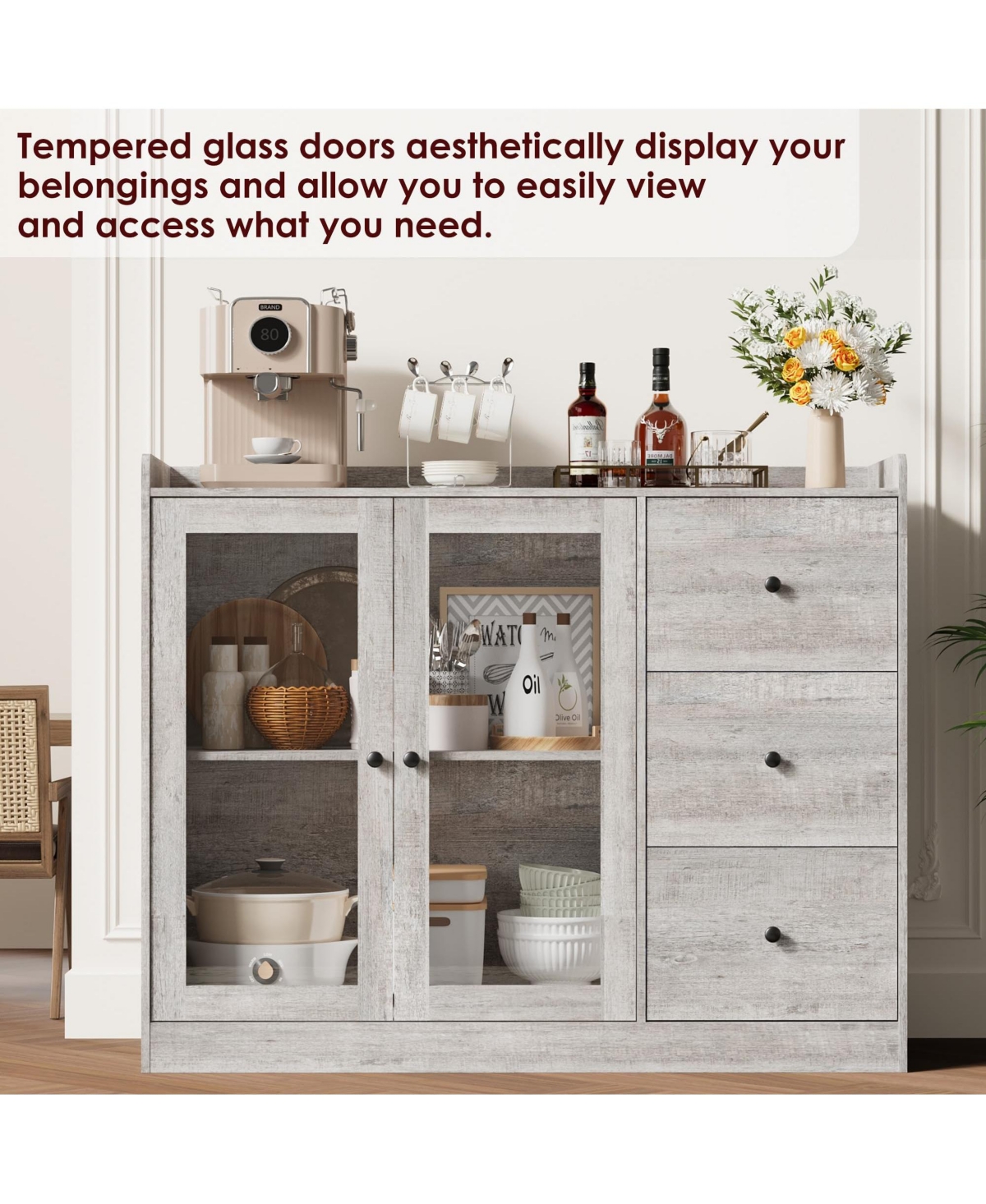 Gaomon Sideboard Buffet Cabinet with Storage, 43" Coffee Bar Glass Doors and 3 Drawers