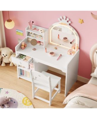 "Kids Vanity Table & Chair Set with Mirror, Lights, Drawer & Shelves – White Wooden Makeup Desk for Little Girls Bedroom"