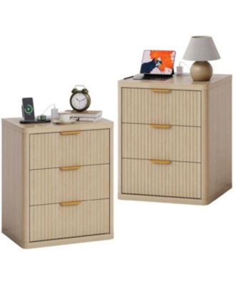 Fluted Nightstand Set of 2, Bedside Table Built-in Charging Station, Featuring 3 Drawer & Open Storage Space, Mid Century Modern Night Stand