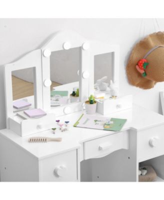 Kids Vanity Set, 2-in-1 Princess Makeup Table with Tri-Folding Mirror & Drawer, Stool, Toddler Vanity, Pretend Play Vanity Set for Kids