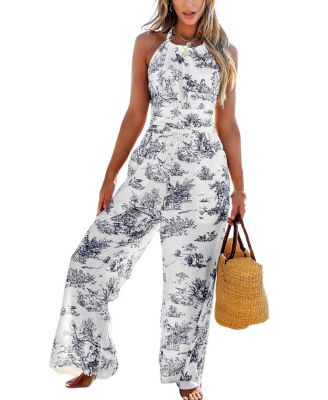 Women's Toile Print Halter Neck Straight Leg Jumpsuit