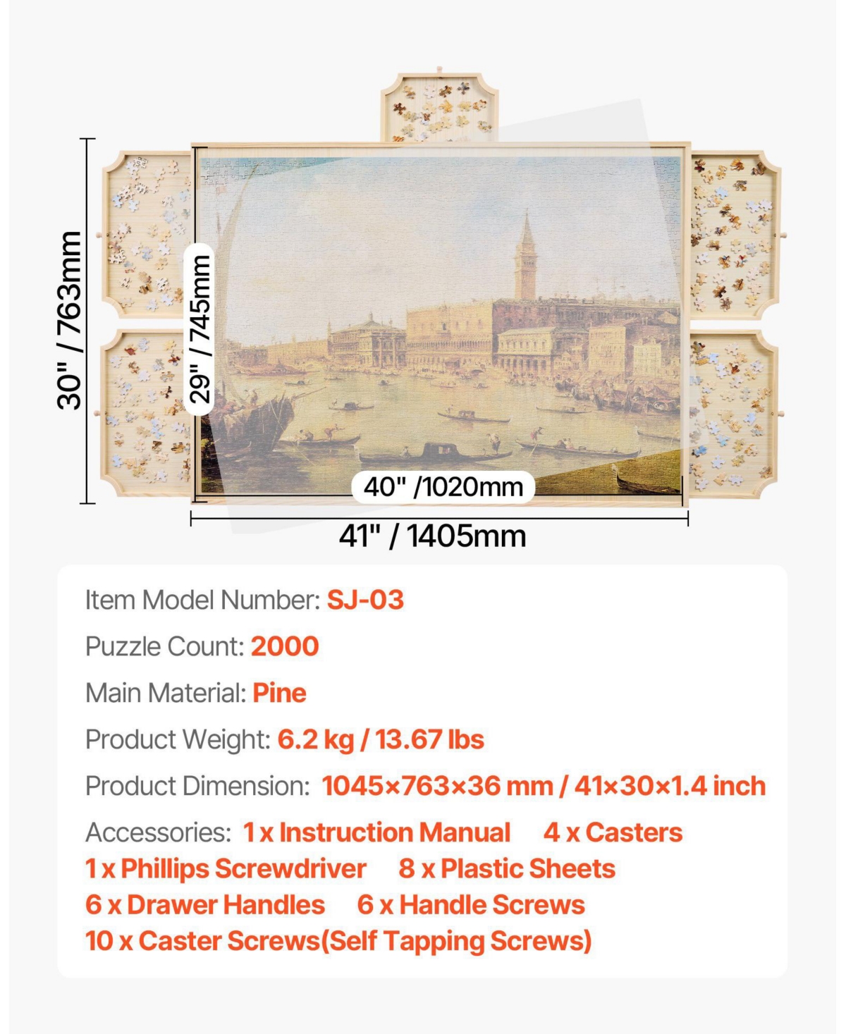 Mecale 2000-Piece Rotating Puzzle Board with 5 Drawers and Cover, 40x29 in Portable Wooden Jigsaw Table for Adults