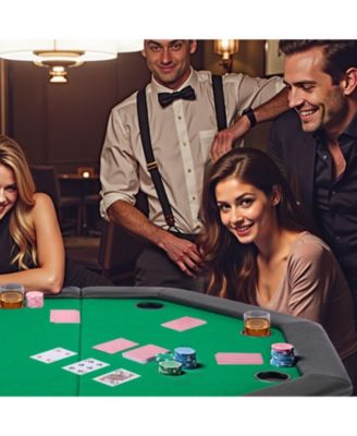 Foldable Poker Table, 48" Octagonal 8-Player Folding Casino Table with Padded Rails and Cup Holders