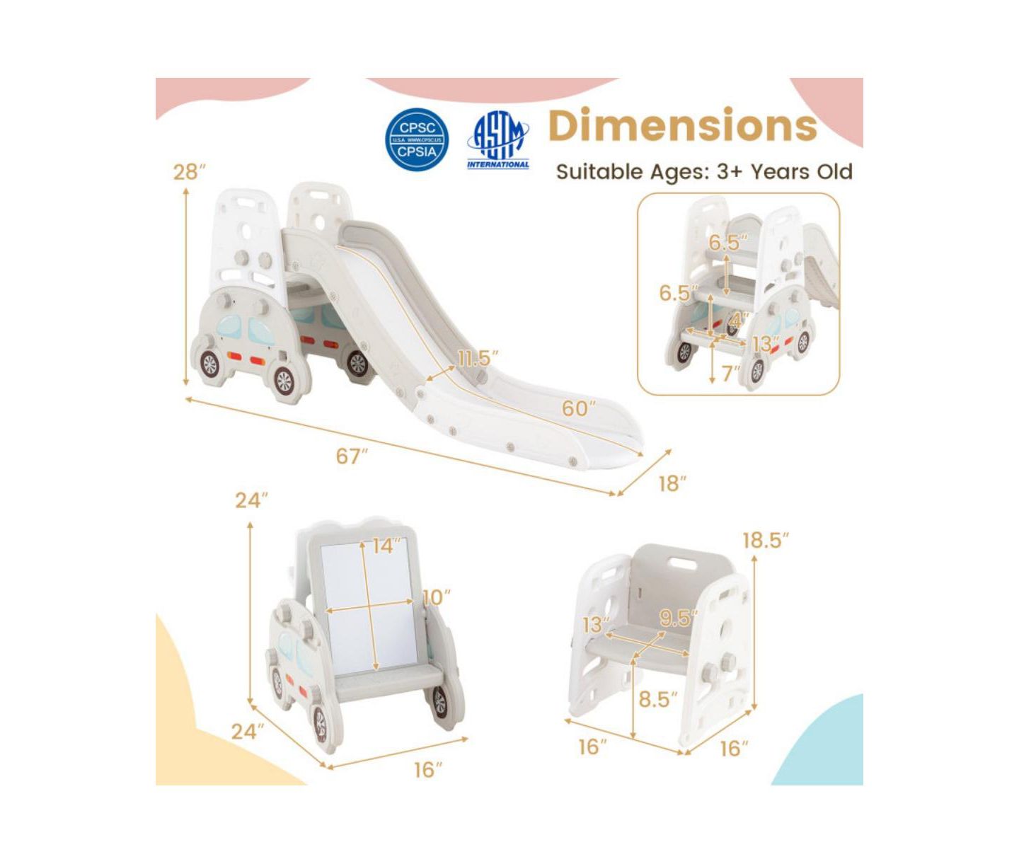 Детские игрушки HONGGE 5 in 1 Convertible Toddler Slide and Art Easel Set, цвет: Серый — фото 9