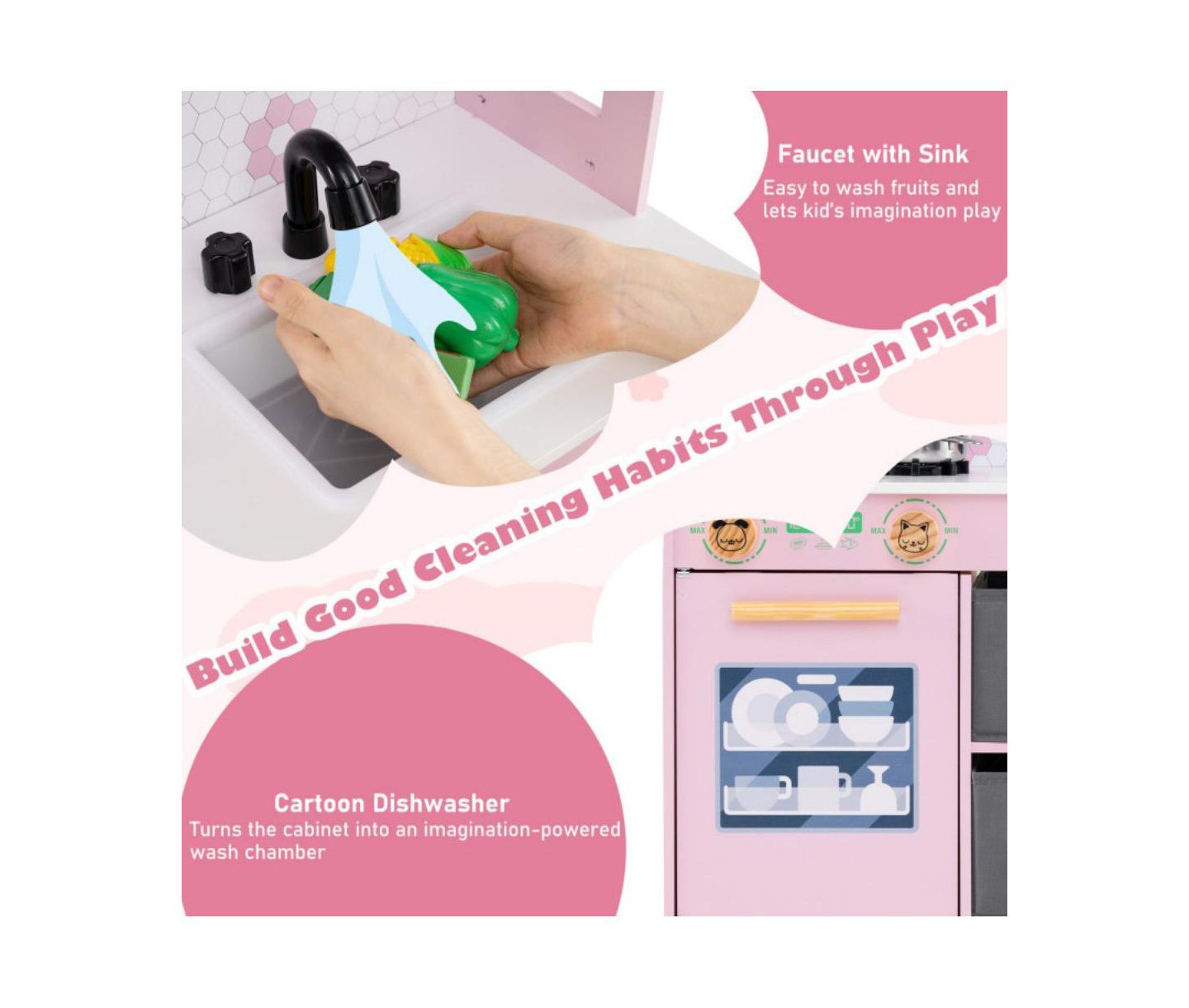 Детская игрушка HONGGE Dual Stoves Wooden Play Kitchen, Ages 3+, цвет: Розовый — фото 5