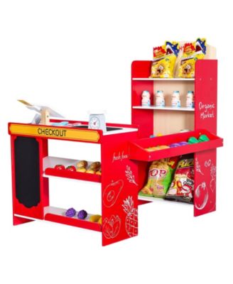 Kids Wooden Grocery Store Playset with Conveyor Belt and Scanner