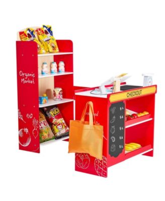 Kids Wooden Grocery Store Playset with Conveyor Belt and Scanner