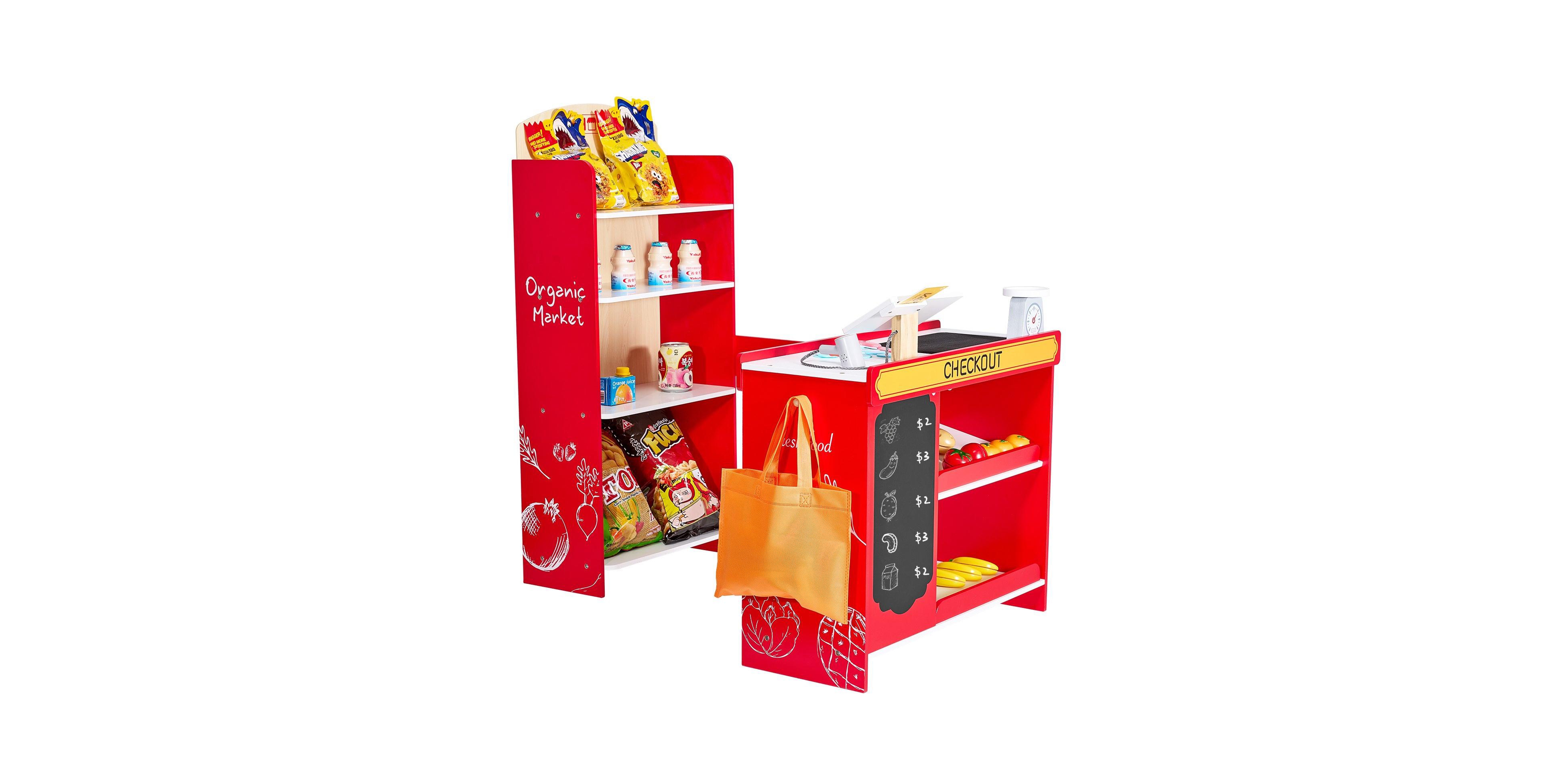 Hongge Kids Wooden Grocery Store Playset with Conveyor Belt and Scanner