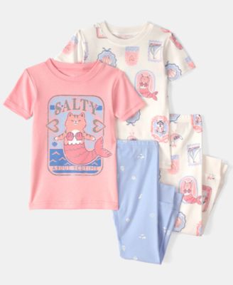 Girls' Toddler 2T-5T Mermaid Cat Print Top and Pajama Pants, 4-Piece Set