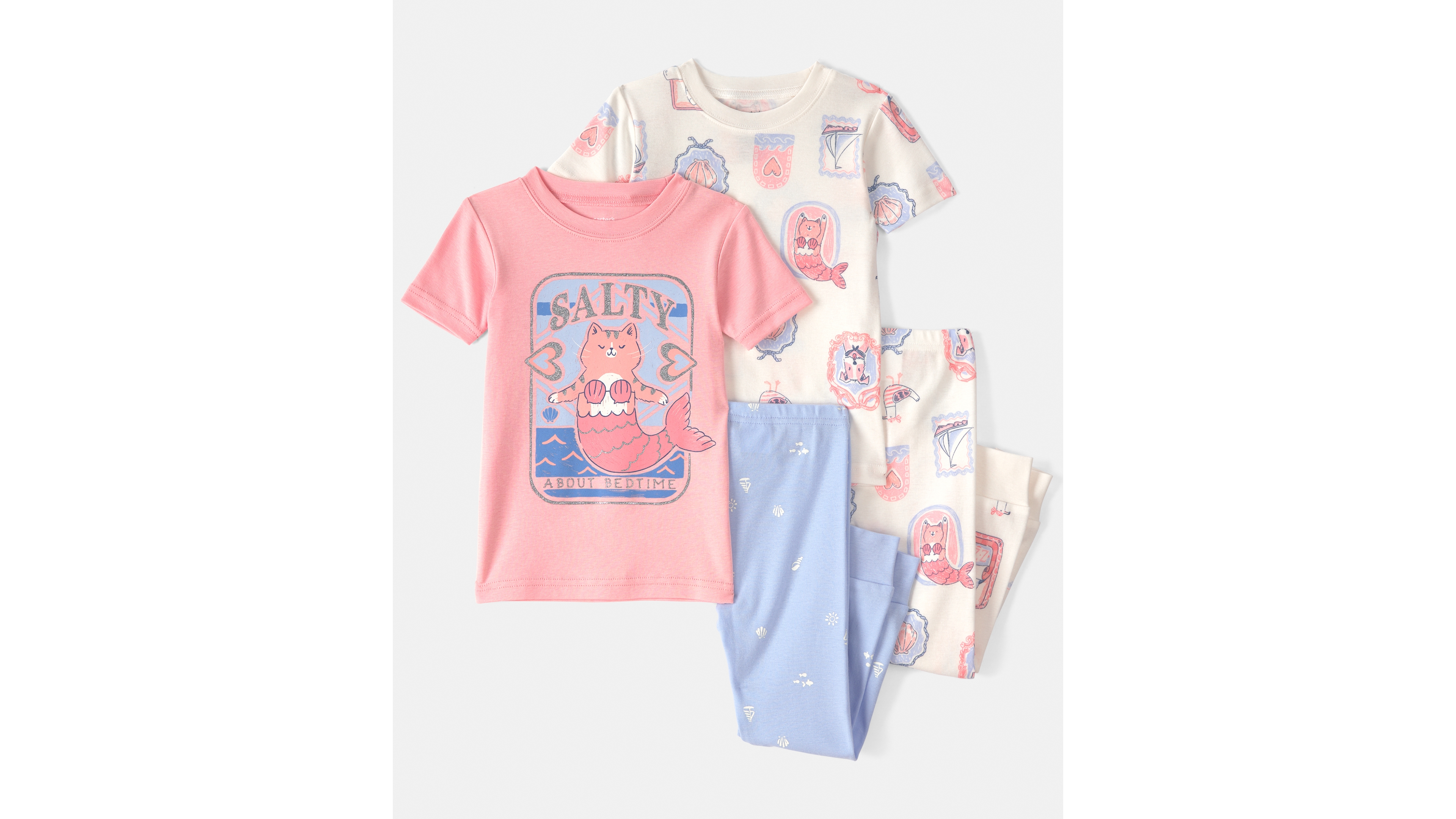 Carter's Girls' Toddler 2T-5T Mermaid Cat Print Top and Pajama Pants, 4-Piece Set