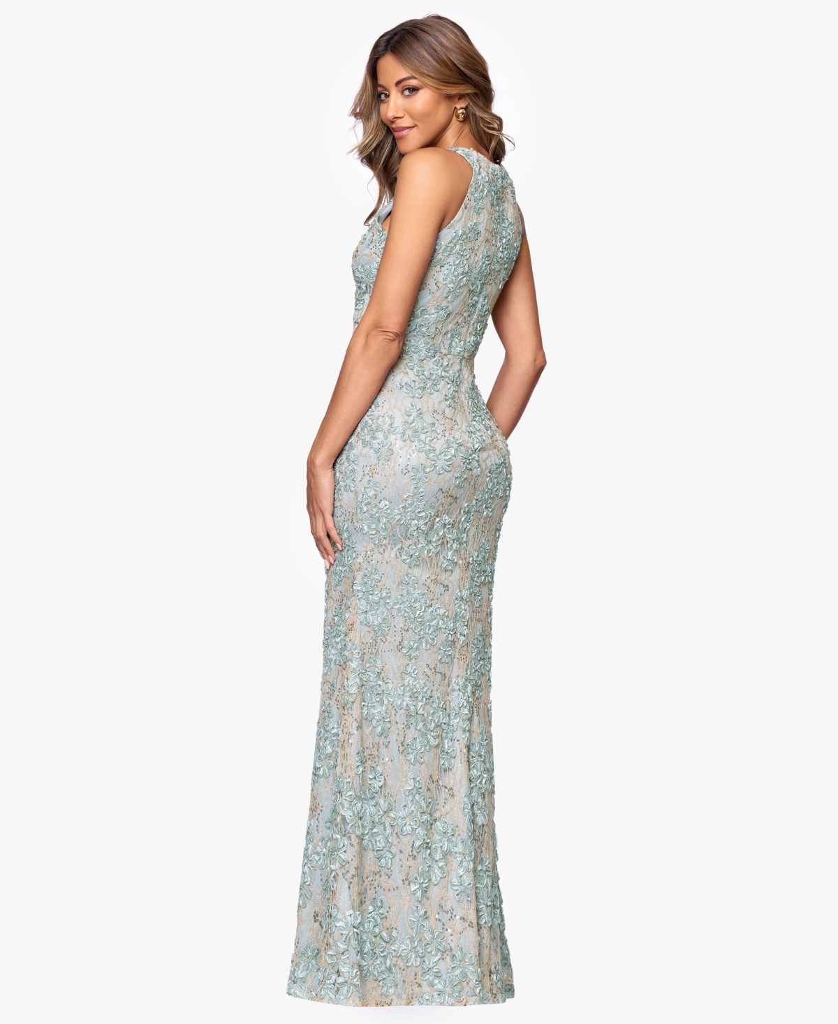 Xscape Petite High-Neck Sleeveless Lace Sheath Gown