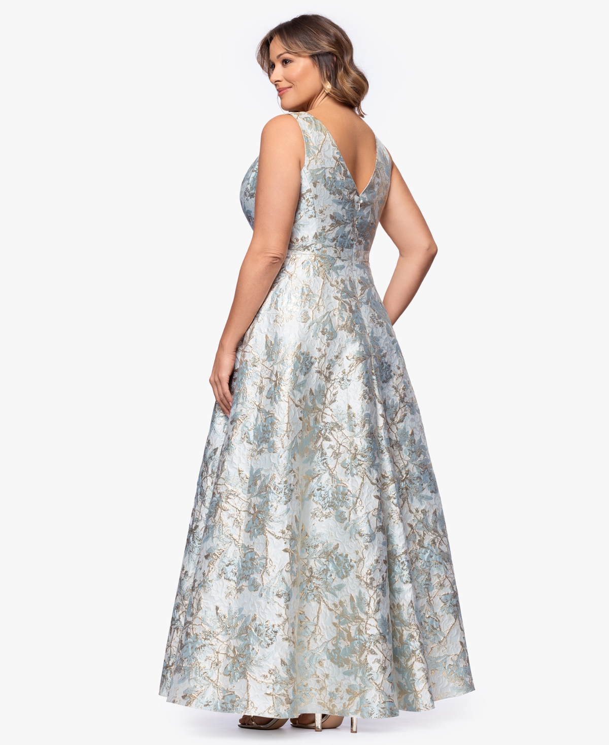 Xscape Plus V-Neck Glitter Brocade Long Ball Gown