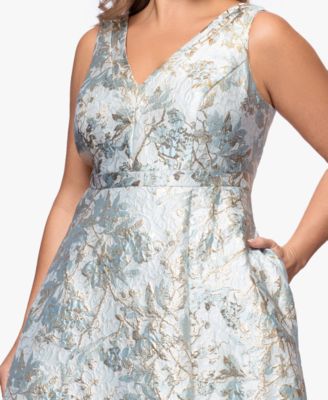 Plus Size V-Neck Glitter Brocade Long Ball Gown