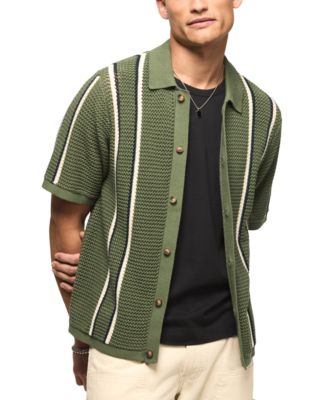 Men's Stripe Button-Front Short-Sleeve Sweater