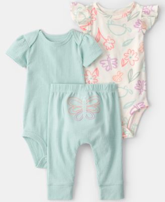 Baby Girls' Butterfly Print Bodysuits and Pants, 3-Piece Set