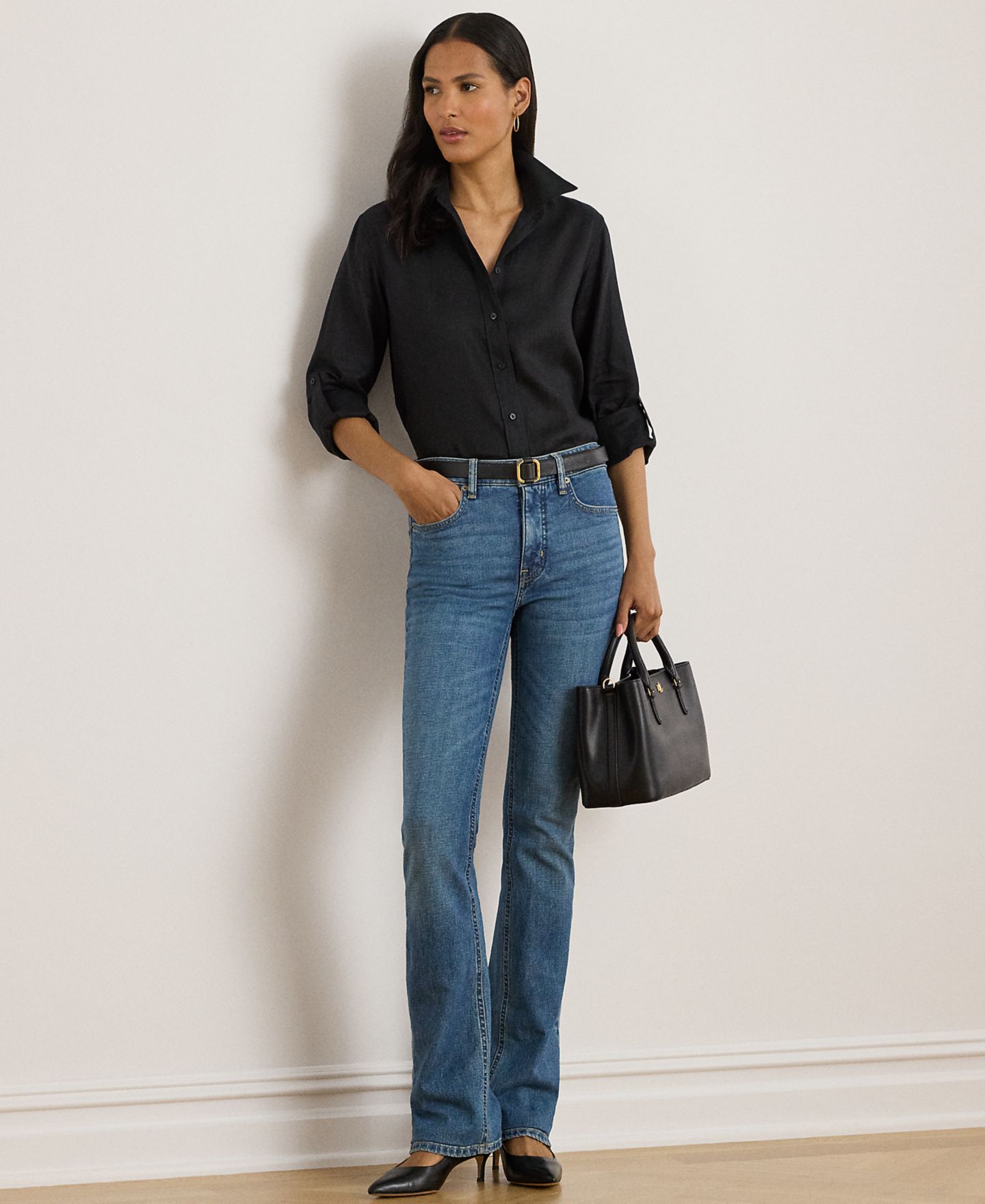 Женская рубашка Lauren Ralph Lauren Petite 100% Linen Relaxed-Fit, цвет: Чёрный — фото 4
