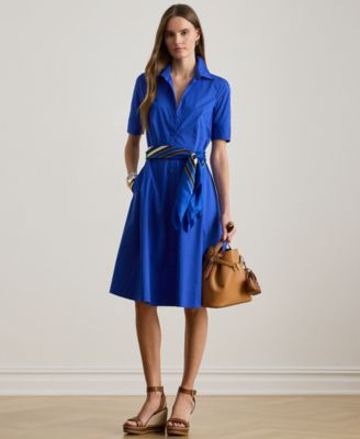 Women's Petite Belted Point Collar Shirt Dress