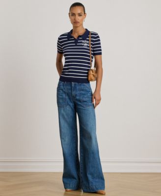 Petite Striped Short-Sleeve Polo Sweater