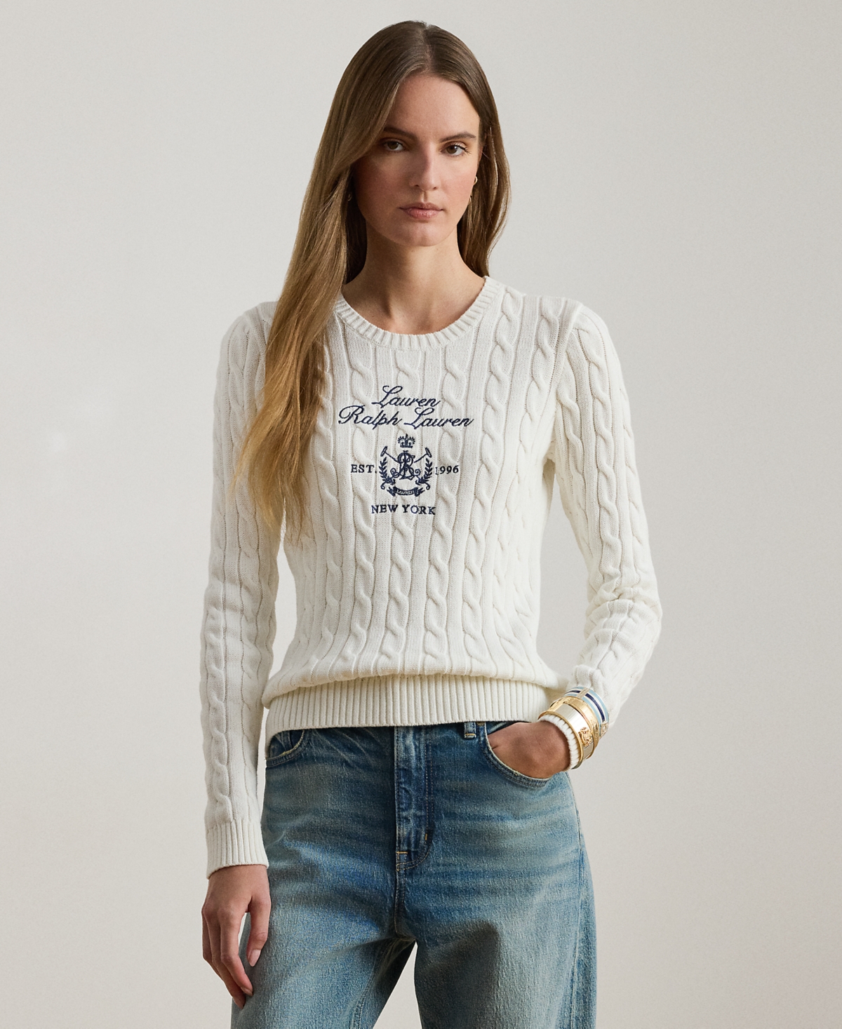 Lauren Ralph Petite Embroidered-Crest Crewneck Sweater