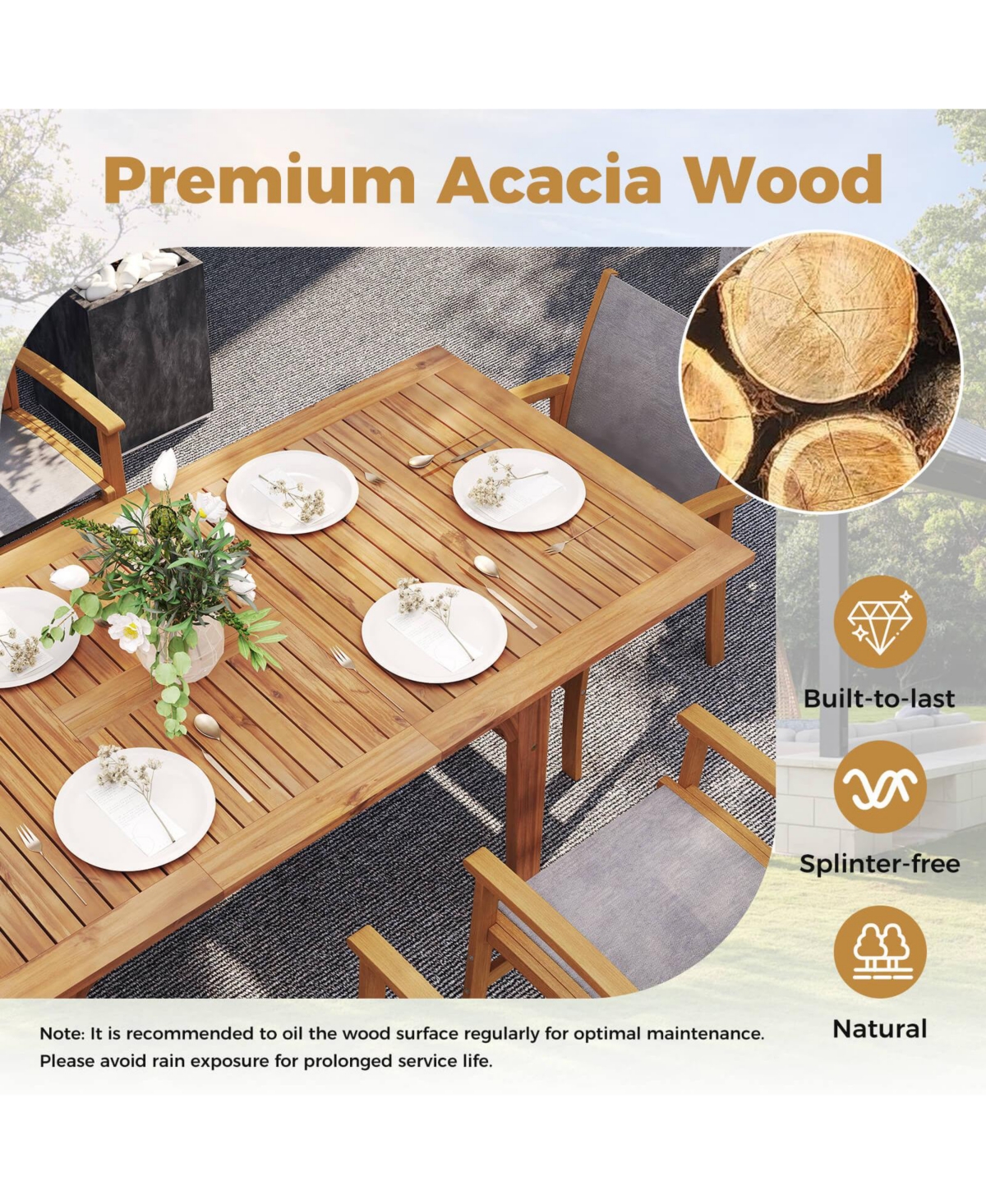 Costway Expandable Outdoor Dining Table 55"-71" Acacia Wood Patio Table for 6-8 Person
