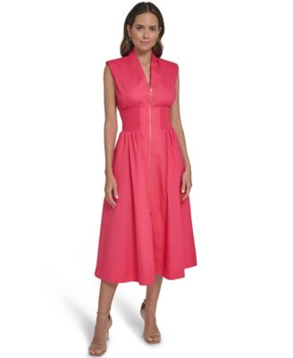 Women's Smock Waist Front Zip Midi Dress