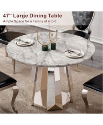 47" Round Marble Dining Table with Stainless Steel Base