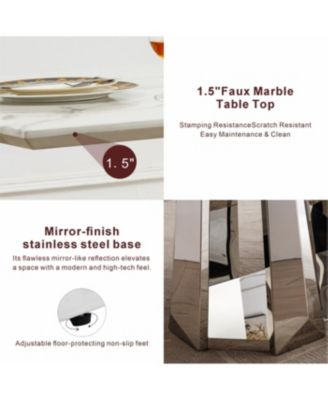 Marble Dining Table for 6 People, 70" Faux Marble & Stainless Steel Base (Silver, White