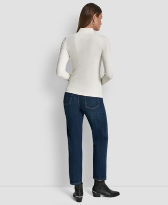 Women's Jewel Button Shoulder Mock Neck Long-Sleeve T-Shirt