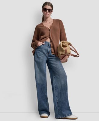 Women's Relaxed V-Neck Shaker Stitch Cardigan With Suede Logo Patch