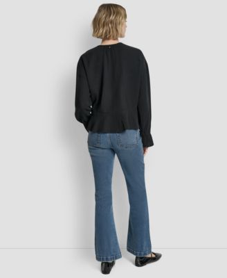 Women's Long-Sleeve Double Crepe Gauze Tie Neck Crop Top