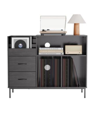 Record Player Stand with Power Outlet, Flip-Down Lid, Storage