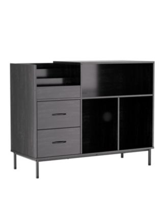 Record Player Stand with Power Outlet, Flip-Down Lid, Storage