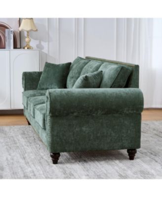Modern Chenille 3+2 Seater Sofa with Rolled Arms, Wood Legs, Green